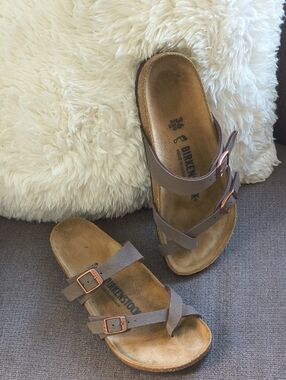 Birkenstock Mayari Women's Taupe-Brown Double Strap Sandals with Copper Buckles